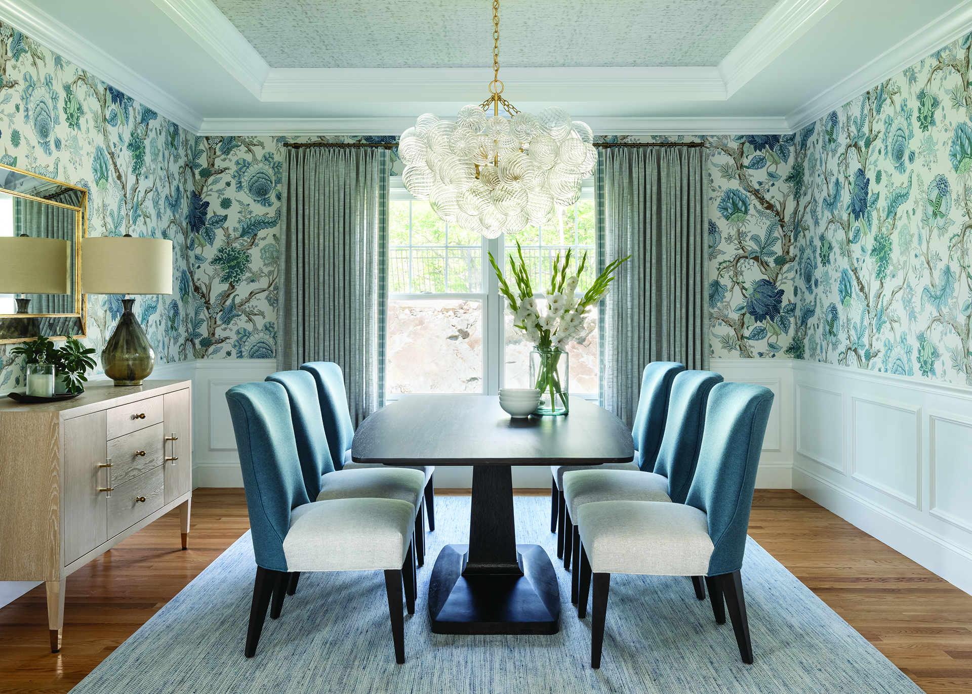 Dining room with decorative wallpaper