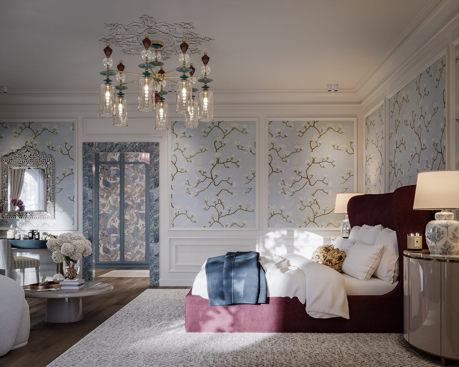 Luxury residential bedroom with silk wallpaper installation in Los Angeles
