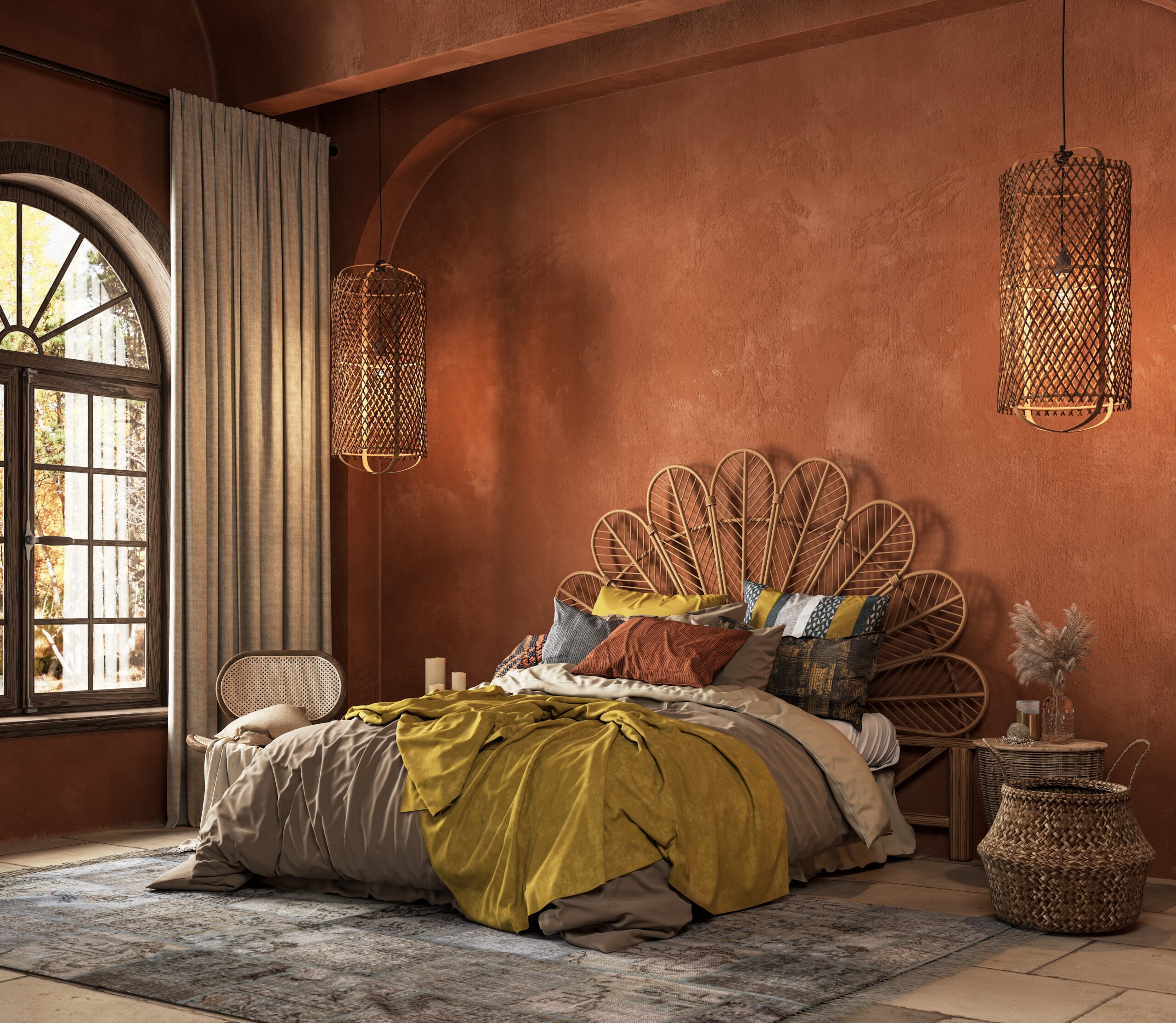 Luxury bedroom with professionally installed wallpaper in Los Angeles home