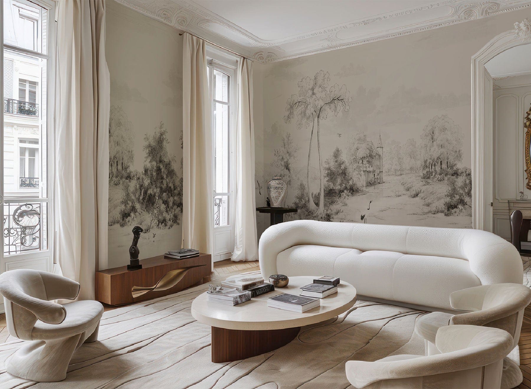 Scenic mural in living room