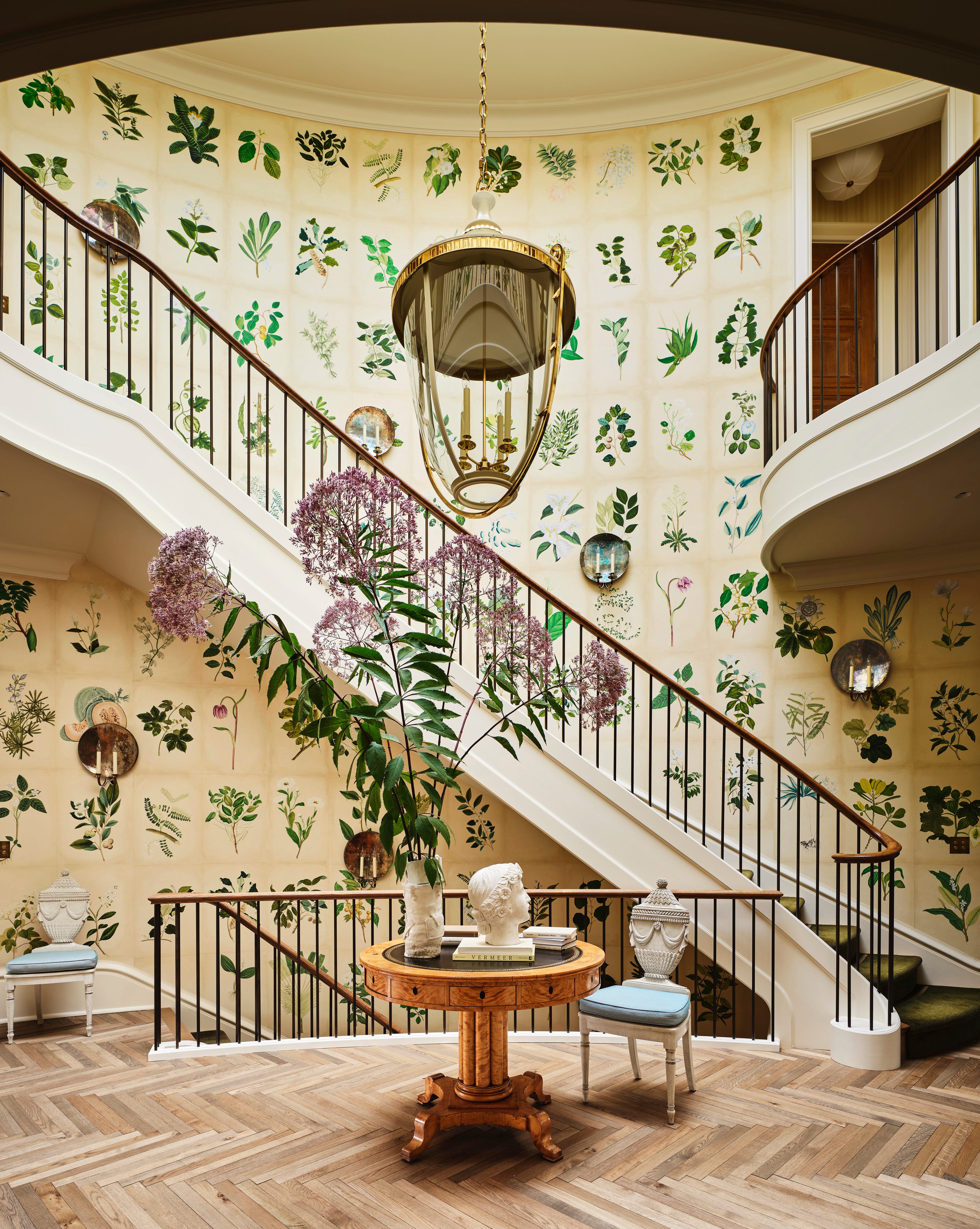 High ceiling stairwell wallpaper installation